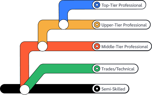 There are 5 main career tracks: the semi-skilled track, the trade/technical track, the middle-tier professional track, the upper-tier professional track, and the top-tier professional track.
